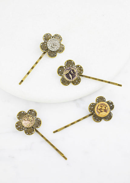 Brass Antique Button Flower Hairpin